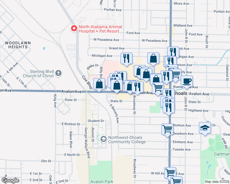 map of restaurants, bars, coffee shops, grocery stores, and more near 201 West Avalon Avenue in Muscle Shoals