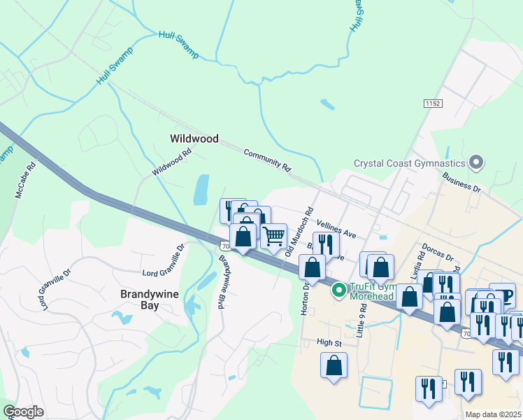 map of restaurants, bars, coffee shops, grocery stores, and more near 175 Old Murdoch Road in Newport