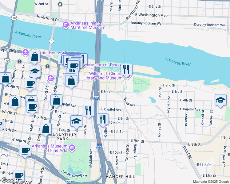 map of restaurants, bars, coffee shops, grocery stores, and more near 299 Dean Kumpuris Street in Little Rock