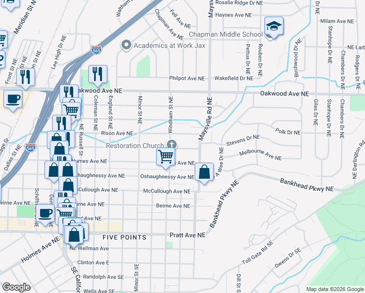 map of restaurants, bars, coffee shops, grocery stores, and more near 1521 Stevens Avenue Northeast in Huntsville