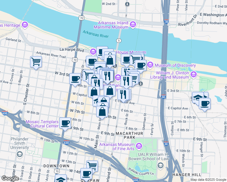 map of restaurants, bars, coffee shops, grocery stores, and more near in Little Rock