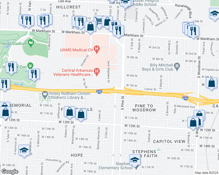 map of restaurants, bars, coffee shops, grocery stores, and more near 802 South Elm Street in Little Rock