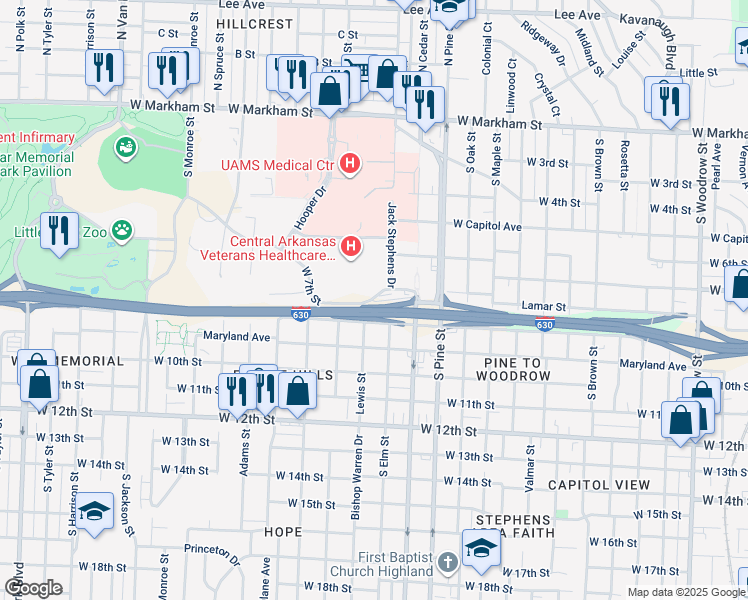 map of restaurants, bars, coffee shops, grocery stores, and more near 802 South Elm Street in Little Rock