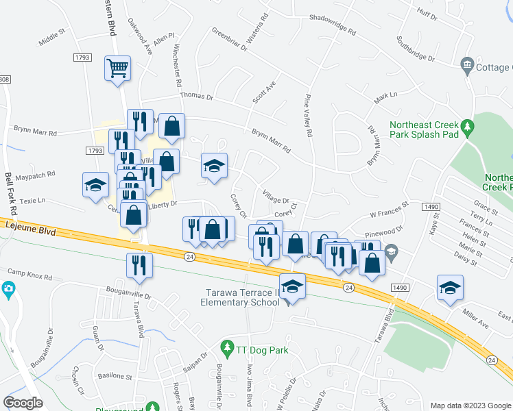 map of restaurants, bars, coffee shops, grocery stores, and more near 176 Corey Circle in Jacksonville