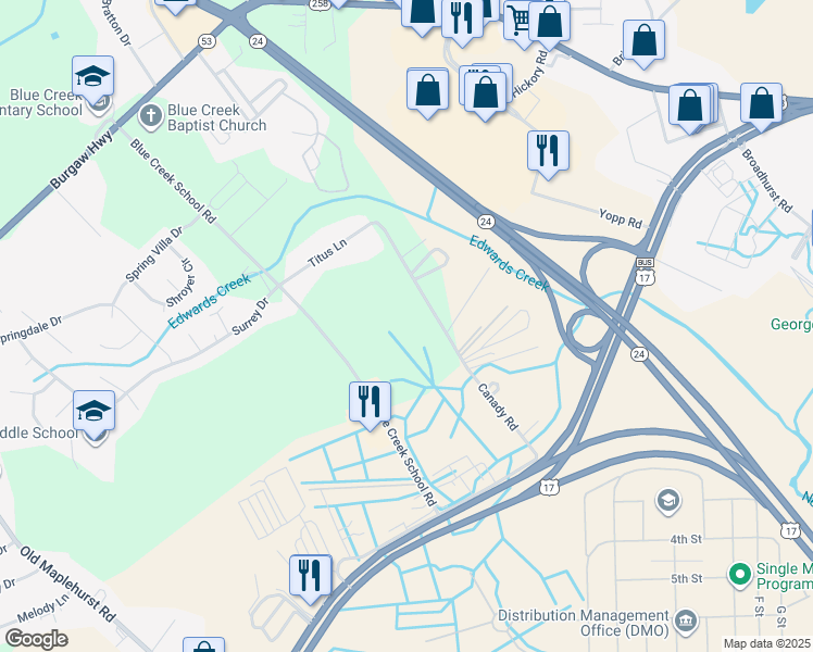 map of restaurants, bars, coffee shops, grocery stores, and more near 1640 Wilmington Highway in Jacksonville