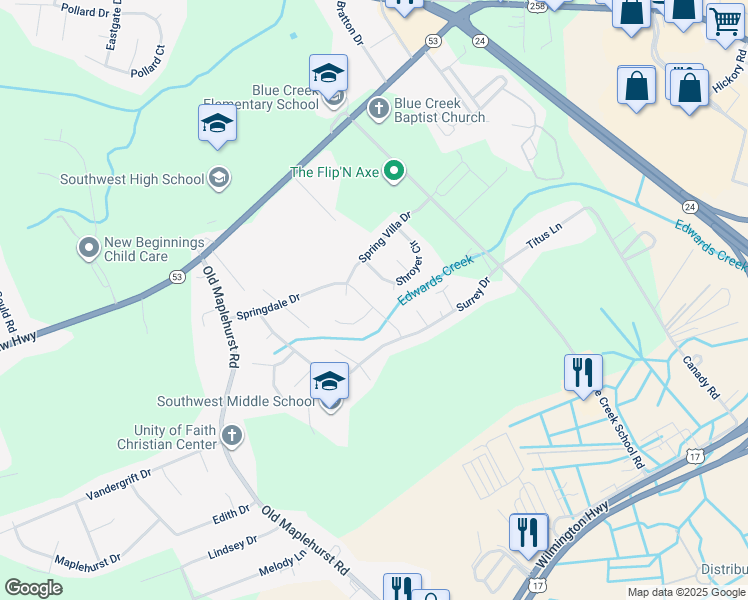 map of restaurants, bars, coffee shops, grocery stores, and more near 1109 Springdale Drive in Jacksonville