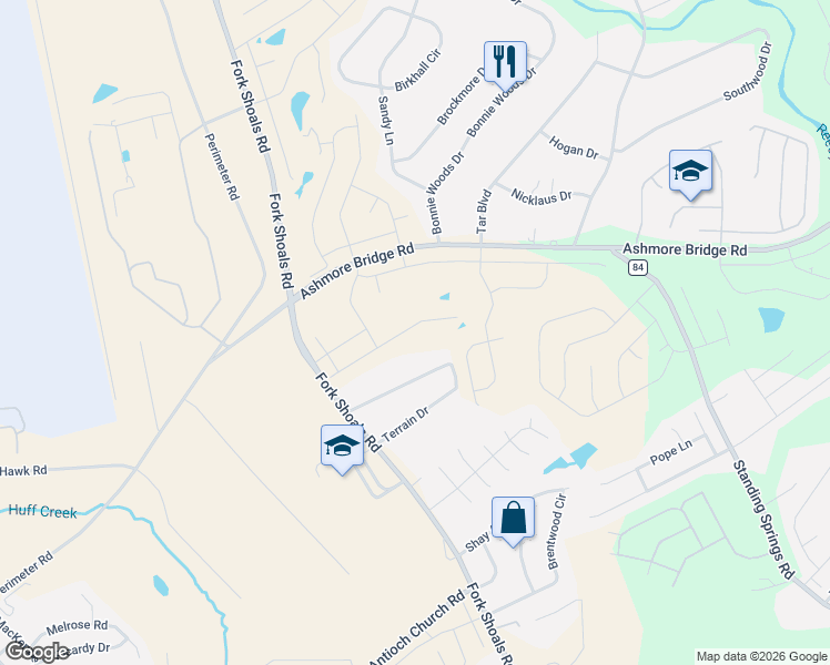 map of restaurants, bars, coffee shops, grocery stores, and more near 21 Terrain Drive in Greenville