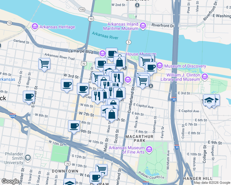 map of restaurants, bars, coffee shops, grocery stores, and more near 417 Main Street in Little Rock