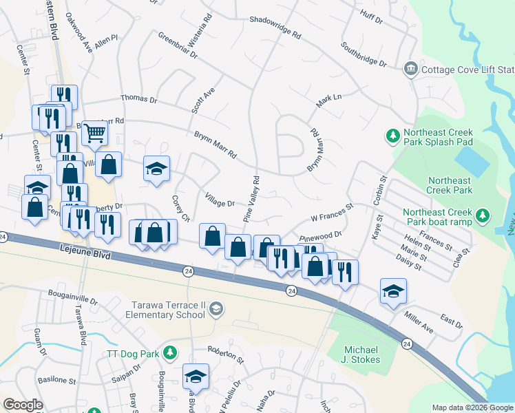 map of restaurants, bars, coffee shops, grocery stores, and more near 187 Meadow Oaks Court in Jacksonville