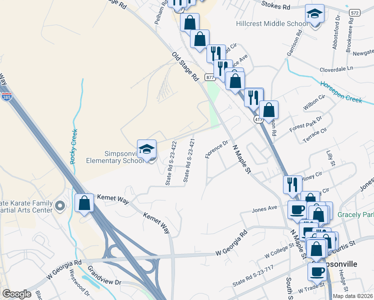 map of restaurants, bars, coffee shops, grocery stores, and more near 109 State Road S-23-421 in Simpsonville