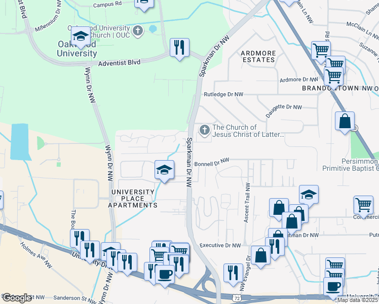 map of restaurants, bars, coffee shops, grocery stores, and more near Sparkman Dr NW & Cotton Row NW in Huntsville