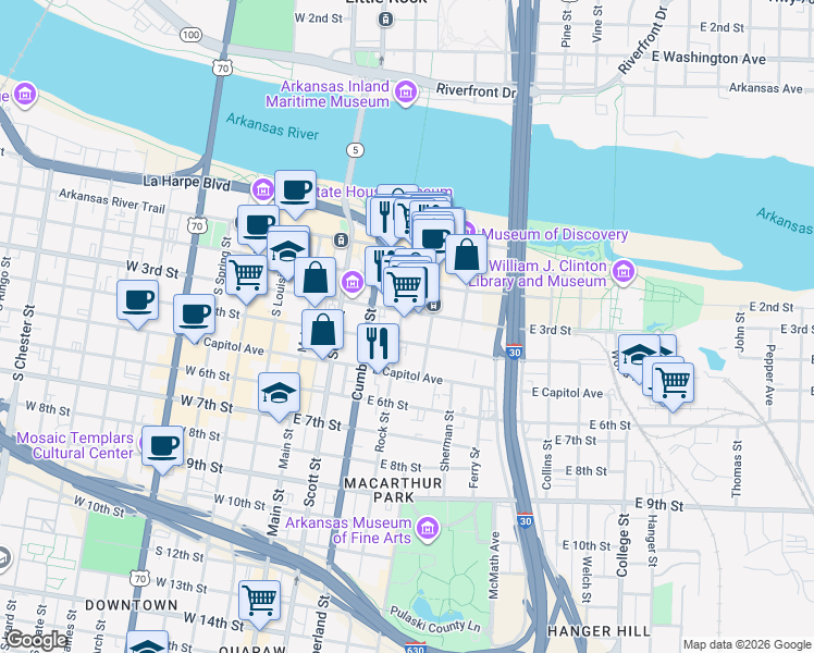 map of restaurants, bars, coffee shops, grocery stores, and more near 400 River Market Avenue in Little Rock