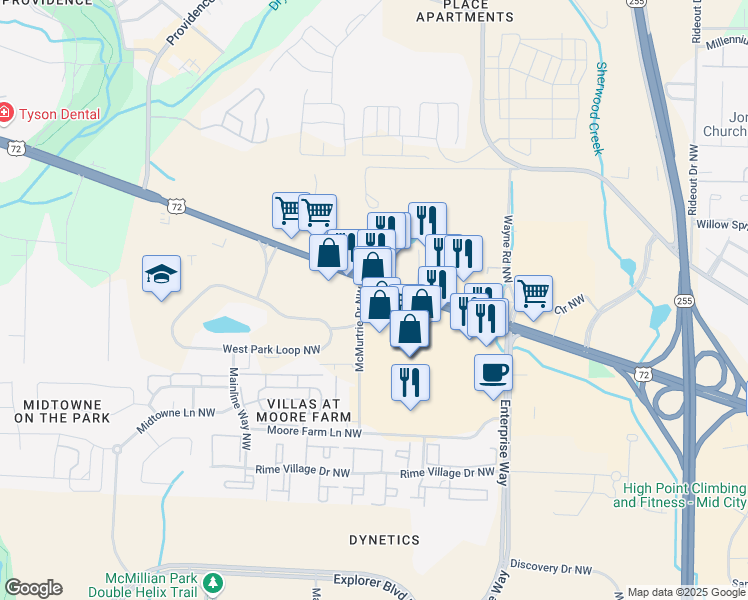 map of restaurants, bars, coffee shops, grocery stores, and more near 6275 University Drive in Huntsville
