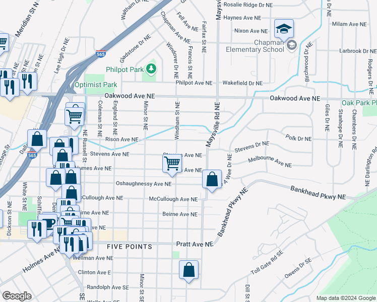 map of restaurants, bars, coffee shops, grocery stores, and more near 1517 Stevens Avenue Northeast in Huntsville