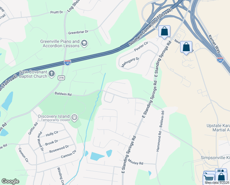 map of restaurants, bars, coffee shops, grocery stores, and more near 27 Baldwin Woods Circle in Simpsonville