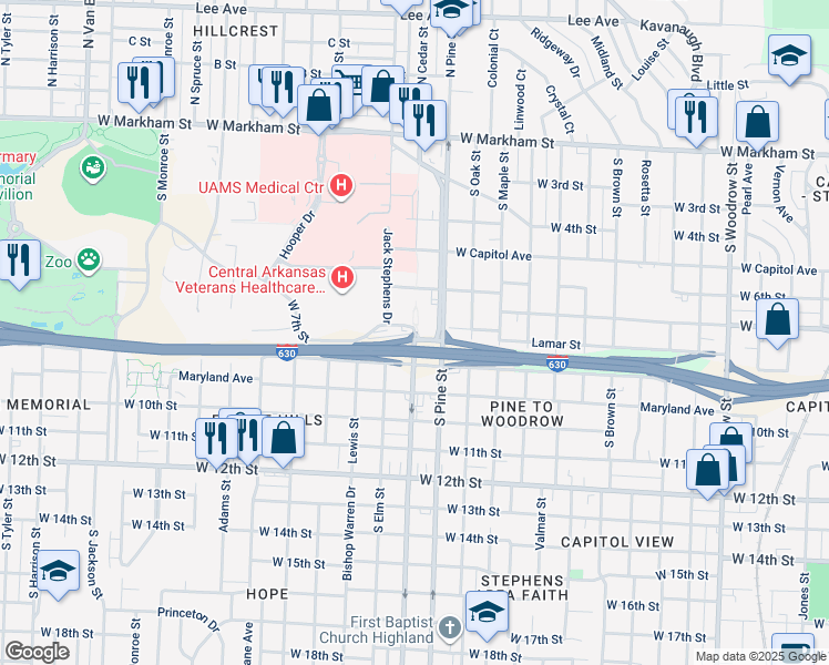 map of restaurants, bars, coffee shops, grocery stores, and more near 798 South Cedar Street in Little Rock