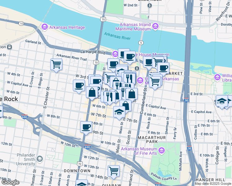 map of restaurants, bars, coffee shops, grocery stores, and more near 201 West Capitol Avenue in Little Rock