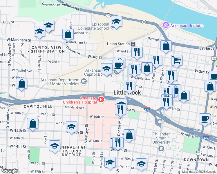 map of restaurants, bars, coffee shops, grocery stores, and more near 625 Marshall Street in Little Rock