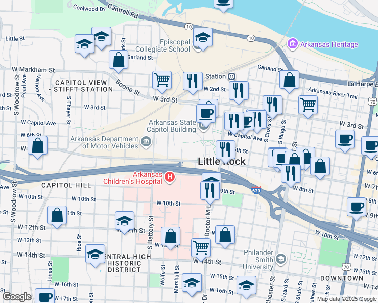 map of restaurants, bars, coffee shops, grocery stores, and more near 625 Marshall Street in Little Rock