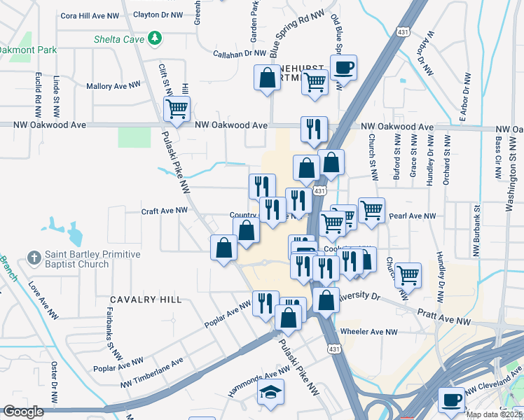 map of restaurants, bars, coffee shops, grocery stores, and more near 2020 Country Club Avenue Northwest in Huntsville