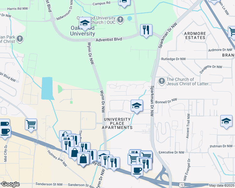 map of restaurants, bars, coffee shops, grocery stores, and more near 4924 Cotton Row Northwest in Huntsville