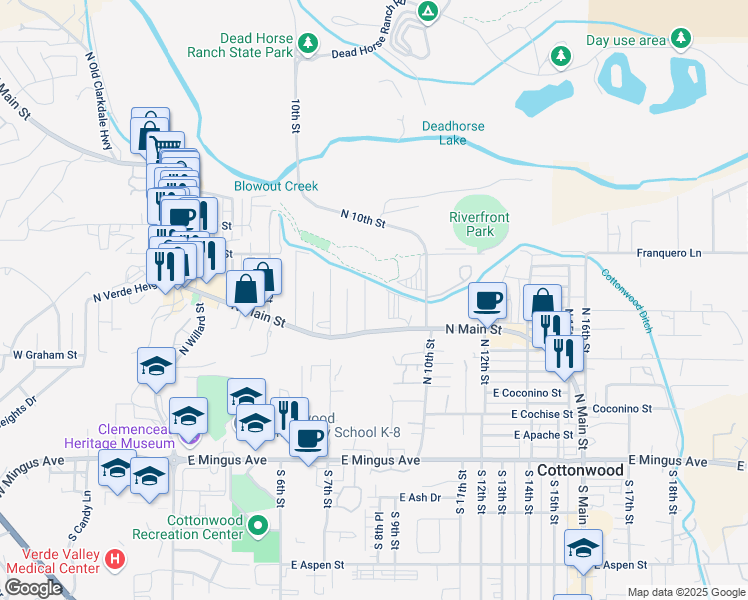 map of restaurants, bars, coffee shops, grocery stores, and more near 611 North 8th Street in Cottonwood