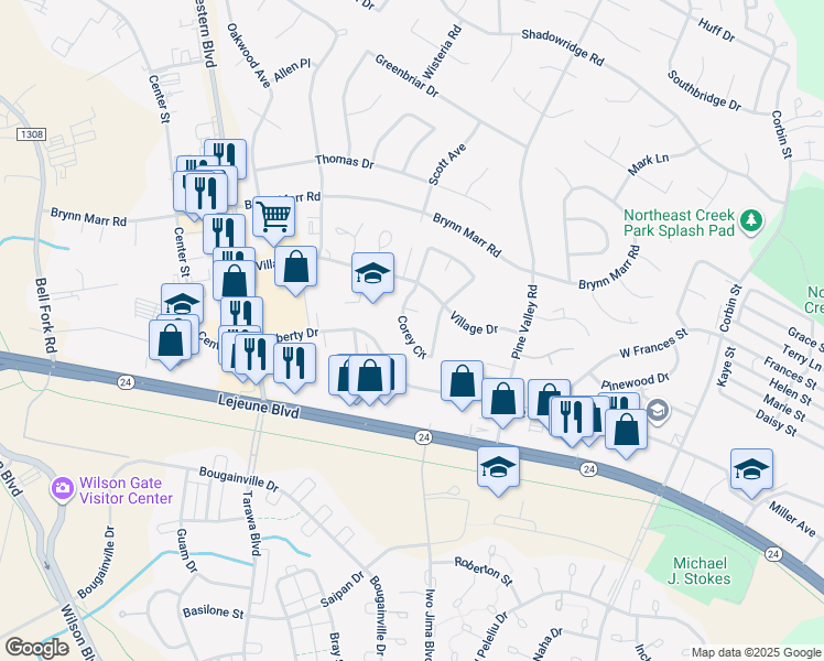 map of restaurants, bars, coffee shops, grocery stores, and more near 144 Corey Circle in Jacksonville