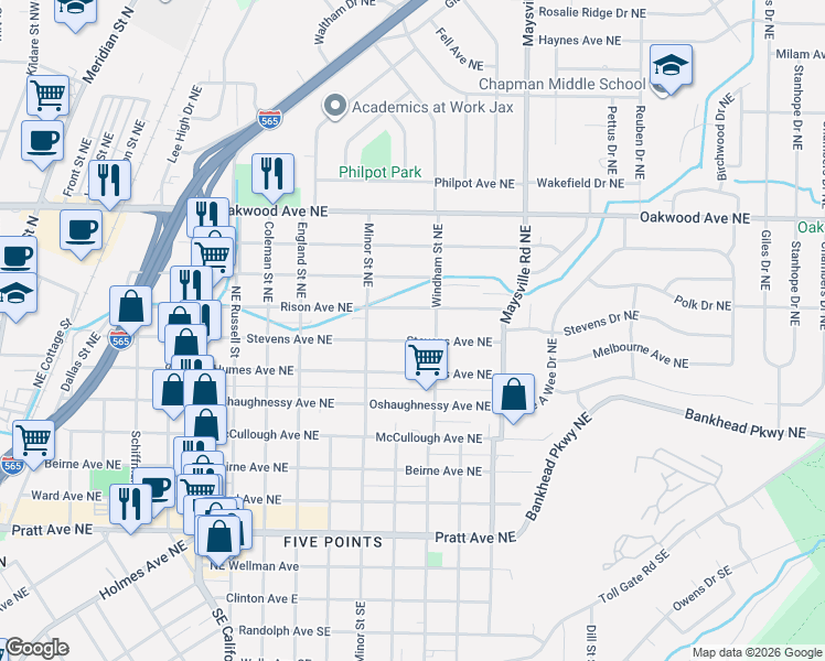map of restaurants, bars, coffee shops, grocery stores, and more near 1420 Stevens Avenue Northeast in Huntsville