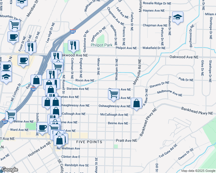 map of restaurants, bars, coffee shops, grocery stores, and more near 1316 Stevens Avenue Northeast in Huntsville