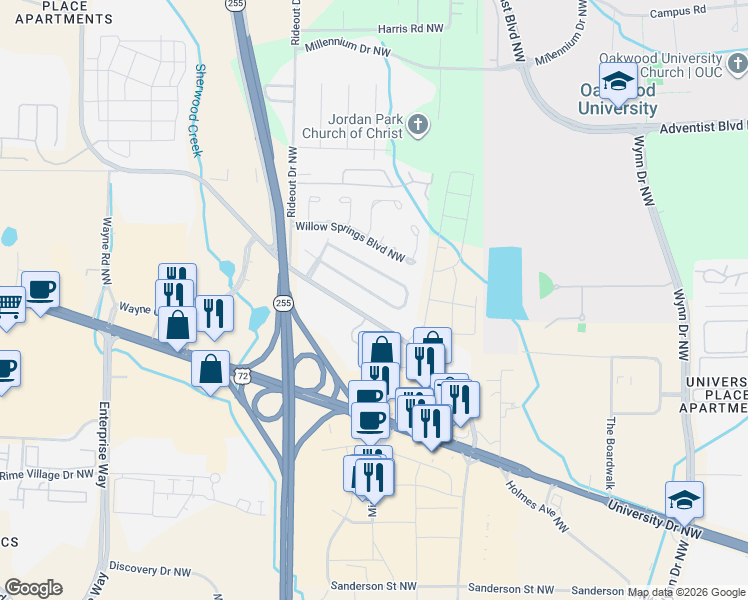map of restaurants, bars, coffee shops, grocery stores, and more near 1009 Stones Throw Drive Northwest in Huntsville