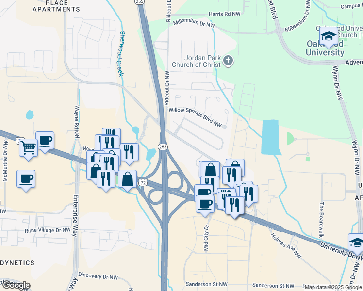 map of restaurants, bars, coffee shops, grocery stores, and more near 1155 Old Monrovia Road Northwest in Huntsville