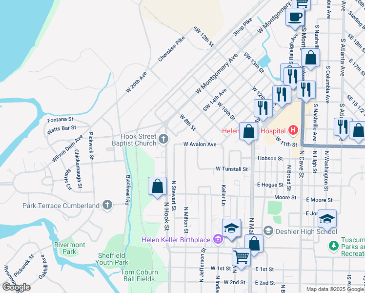 map of restaurants, bars, coffee shops, grocery stores, and more near 801-999 North Milton Street in Tuscumbia