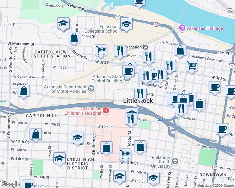 map of restaurants, bars, coffee shops, grocery stores, and more near 1515 West 7th Street in Little Rock
