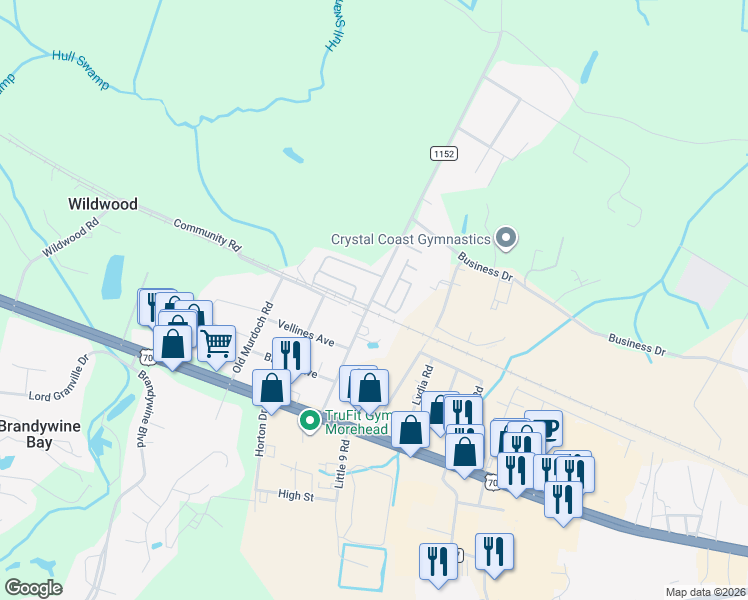 map of restaurants, bars, coffee shops, grocery stores, and more near 226 Old Airport Road in Newport