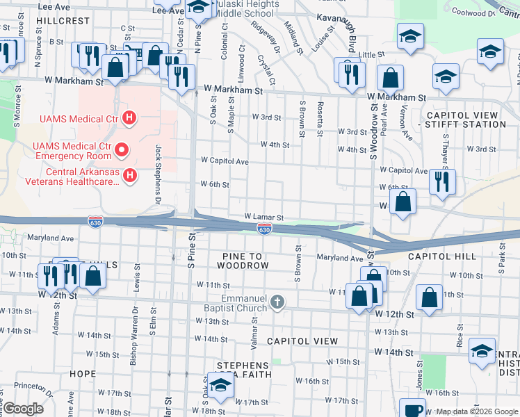 map of restaurants, bars, coffee shops, grocery stores, and more near 725 South Valentine Street in Little Rock