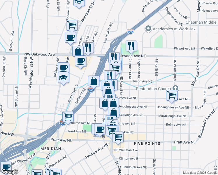 map of restaurants, bars, coffee shops, grocery stores, and more near 616 Stevens Avenue Northeast in Huntsville