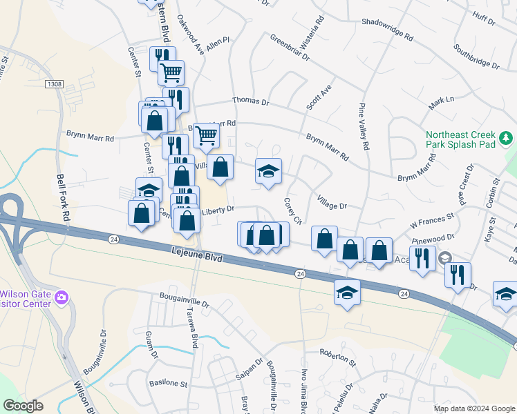 map of restaurants, bars, coffee shops, grocery stores, and more near 205 Liberty Drive in Jacksonville