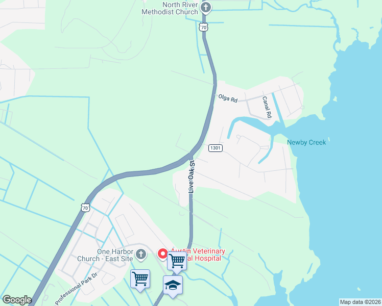 map of restaurants, bars, coffee shops, grocery stores, and more near 100 Kelly Drive in Beaufort