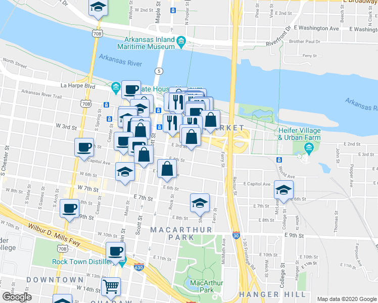 map of restaurants, bars, coffee shops, grocery stores, and more near 423 East 3rd Street in Little Rock