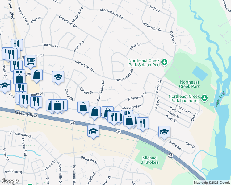 map of restaurants, bars, coffee shops, grocery stores, and more near 115 Twinwood Court in Jacksonville