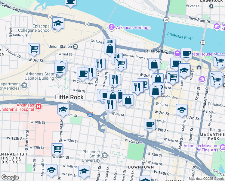 map of restaurants, bars, coffee shops, grocery stores, and more near 499 South Chester Street in Little Rock