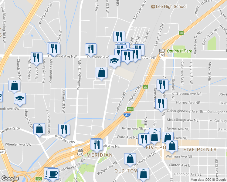 map of restaurants, bars, coffee shops, grocery stores, and more near 1110 Meridian Street North in Huntsville
