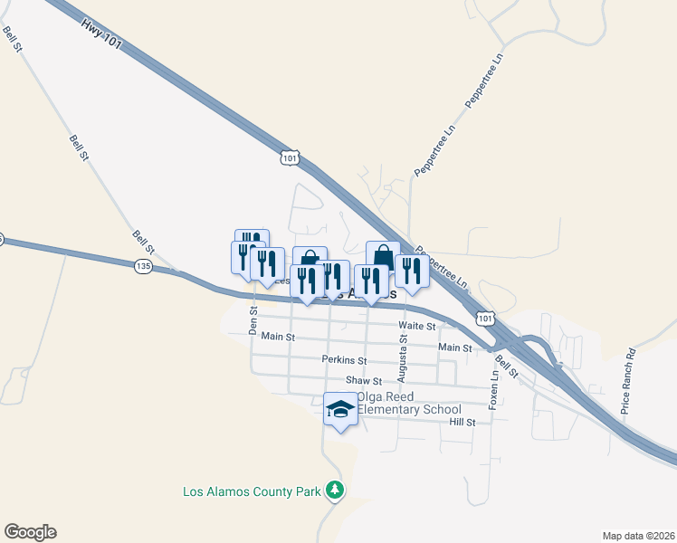 map of restaurants, bars, coffee shops, grocery stores, and more near 110 Centennial Street in Los Alamos