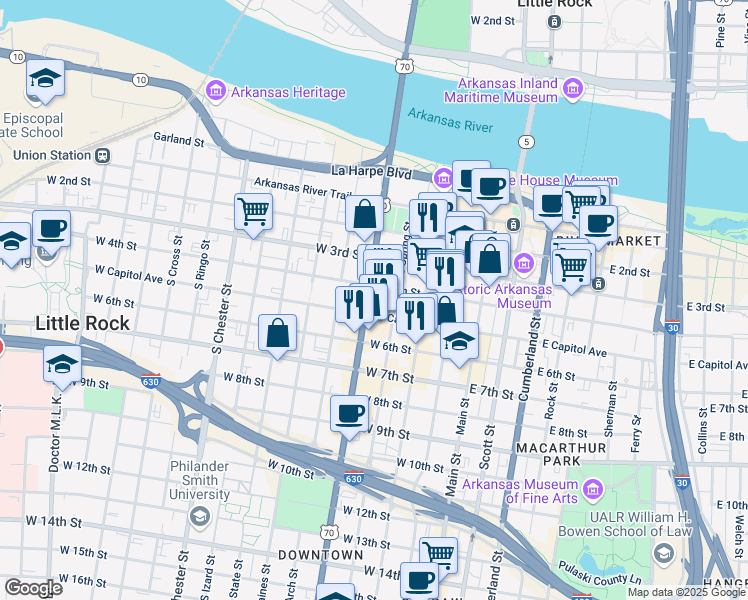 map of restaurants, bars, coffee shops, grocery stores, and more near 301 Broadway Street in Little Rock