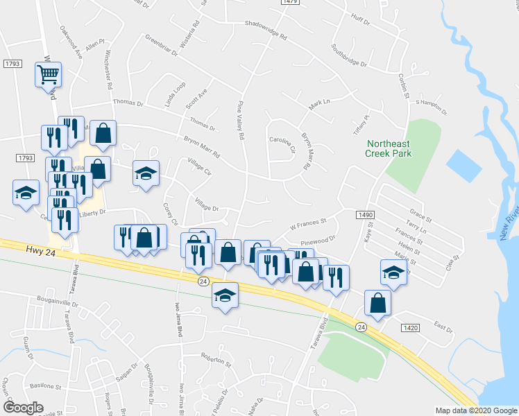 map of restaurants, bars, coffee shops, grocery stores, and more near 104 Twinwood Drive in Jacksonville