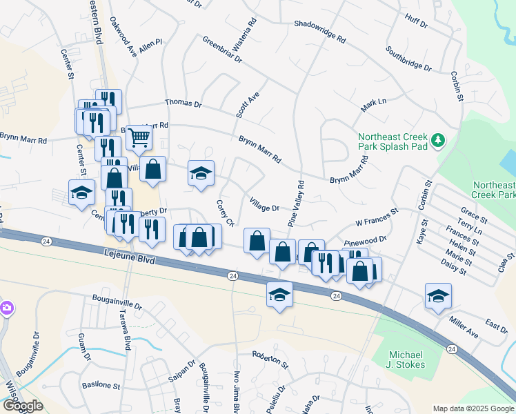 map of restaurants, bars, coffee shops, grocery stores, and more near 199 Village Circle in Jacksonville