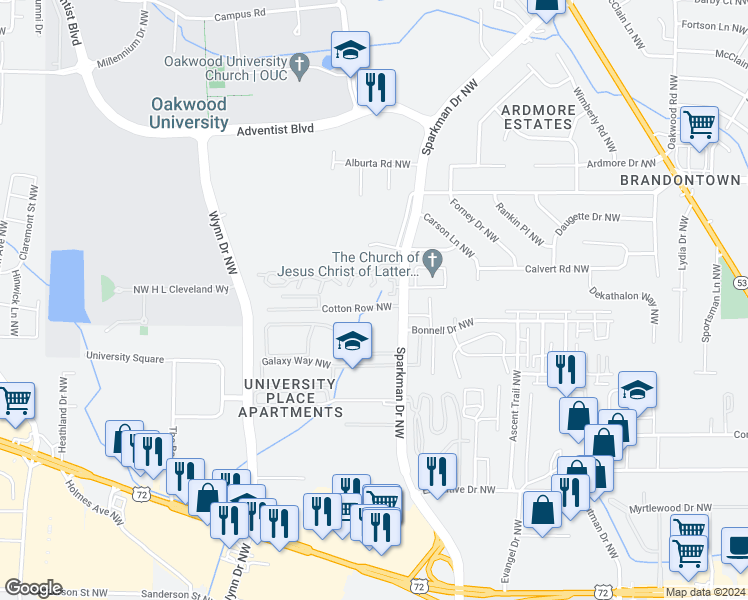 map of restaurants, bars, coffee shops, grocery stores, and more near 4933 7 Pine Circle in Huntsville