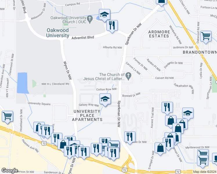 map of restaurants, bars, coffee shops, grocery stores, and more near 4933 7 Pine Circle in Huntsville