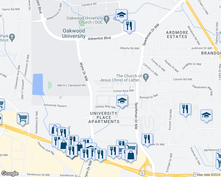 map of restaurants, bars, coffee shops, grocery stores, and more near 5047 7 Pine Circle in Huntsville