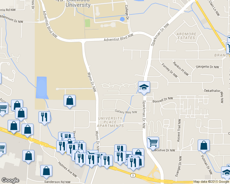 map of restaurants, bars, coffee shops, grocery stores, and more near 5047 7 Pine Circle in Huntsville